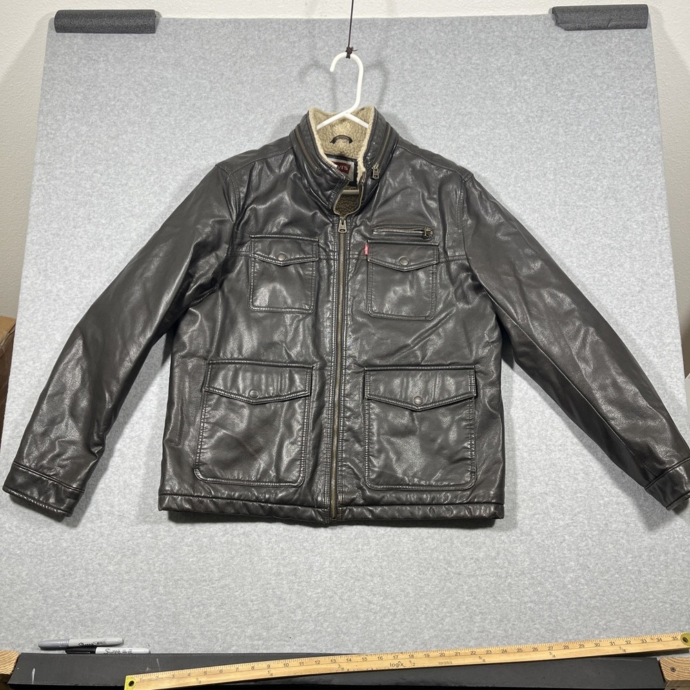 Levis Jacket Mens Sz L Faux Leather Sherpa Lined Collar Pockets Classic